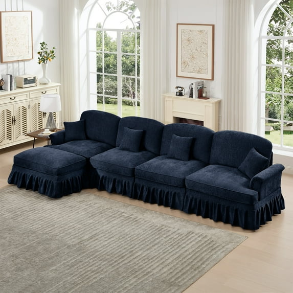 138" Oversized Modular Sectional Sofa, L-Shaped Cloud Couch with Removable Ruffles Pleats Skirts and Movable Ottoman, 5 Seater Chenille Sleeper Couch Set, Blue