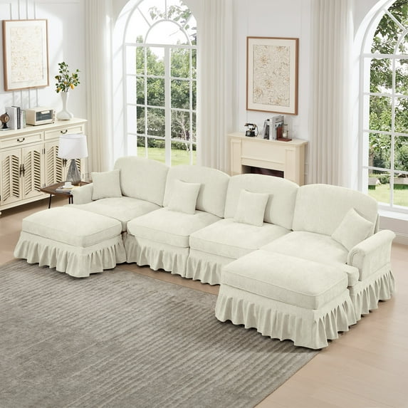 138" Oversized Modular Sectional Sofa, U-Shaped Cloud Couch with Removable Ruffles Pleats Skirts and Movable Ottomans, 6 Seater Chenille Sleeper Couch Set, Beige