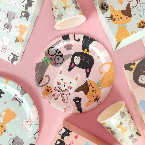138 Pcs Serves 16 Cat Theme Birthday Party Supplies Decorations Favor Set,Kitten Disposable Tableware, Plates,Napkins,Cups,Tablecloth