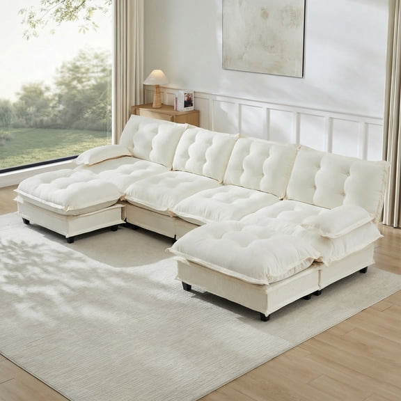 138" U Shaped Modern Sofa Modular Sectional Cloud Couch with 2 Ottomans, 4-Seat Chenille Deep Seat Sofa with Comfy Lattice Decored Seat Cushion, Bedroom and Apartment, Beige