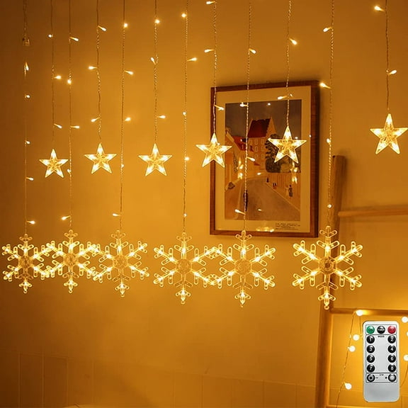 Snowflake Star Fairy Curtain String Light, 8 Modes Battery Powered Decorative Twinkle Window String Light with Remote for Indoor Home Bedroom Wall Garden Patio Porch Party Wedding (Warm White)