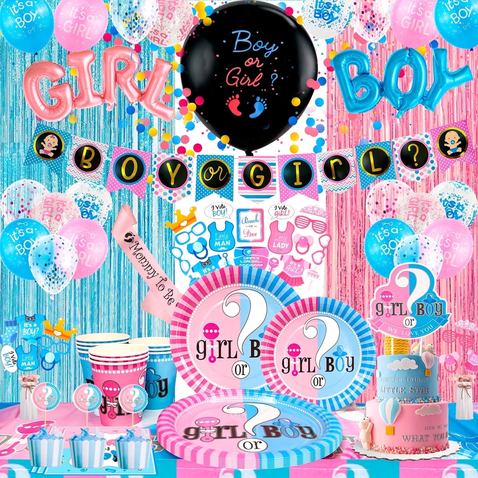 118PCS Baby Gender Reveal Party Supplies Gender Reveal Balloons Boy or Girl Banner, Mommy To Be Sash Baby Gender Reveal DecorationsDecorations Balloons Tablecloth Pennant Cutlery Set & Cupcake Topper