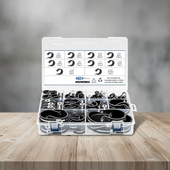 138PCS Cable Clamps Assortment Kit, 304 Stainless Steel Rubber Cushioned Insulated Clamp Wire Loom Clips