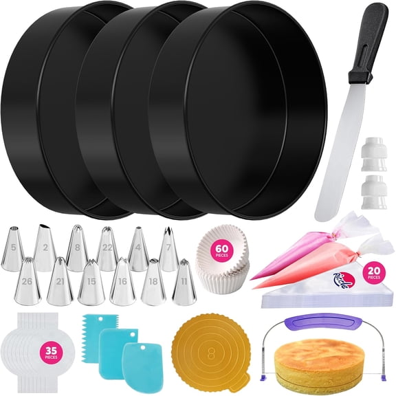 138PCs Round Cake Pans Sets for Baking, 3 x 8 Inch Pan Set, Piping Bags and Tips Set, Cake Leveler, Icing Spatula, Cupcake Liners, Baking Supplies, Decorating Kit, Baking Tools