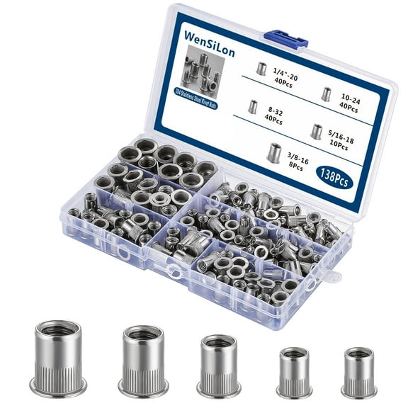 138Pcs 304 Stainless Steel Flat Head Knurled Rivnut Threaded Insert Nuts, 1/4"-20Unc 8-32Unc, Strong Anti-Oxidation Lead-Free For Metal Sheet Assembly