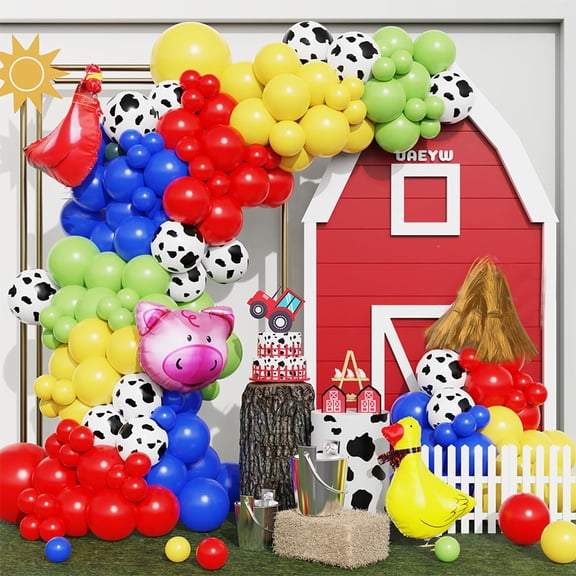 138Pcs Cow Balloon Arch Garland Kit Farm Animals Party Decorations Red Yellow Blue Green Animal Print Balloons for Farmhouse Barn Birthday Country Western Cowboy Baby Shower Party Supplies Y114