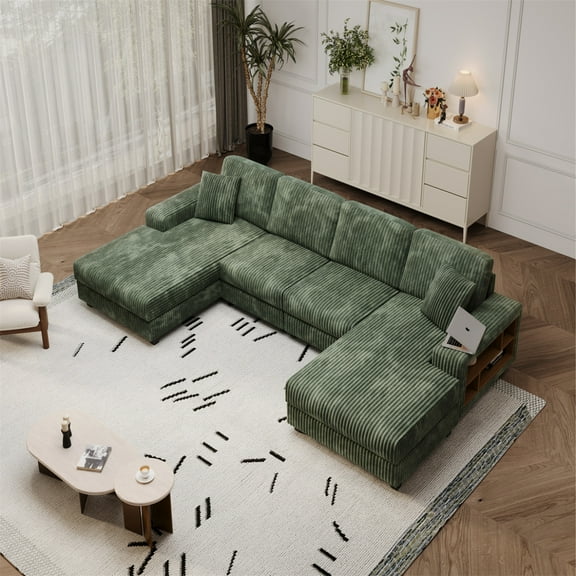 139.7" Modular Sectional Sofa with 4 Seats,Modern U-Shaped Sofa with Storage Cabinet and Upholstered Cushion,Comfy Corduroy Fabric Couch with Oversized Armrests for Living Room,Green