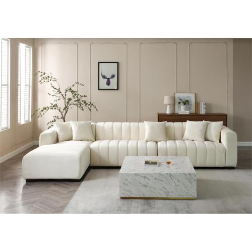 139'' Channel Tufted Velvet Sectional Sofa Left Chaise Modular L-Shaped Couch with Movable Ottoman & Sofa Bed Function, Beige Upholstered Reversible Sectional for Living Room, Large Family Seating