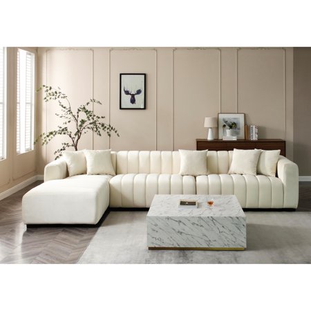 139'' Channel Velvet Upholstered Left Chaise For Living Area Decoration Modern Home