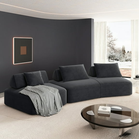 139" Modern Extra - Large Modular Sofa, Plush Chenille Sofa, Deep - Seat Design, With Removable Backrest & Soft Pillows, Boneless Compressed Sofa, No Assembly Required, For Living Room (Dark Grey)