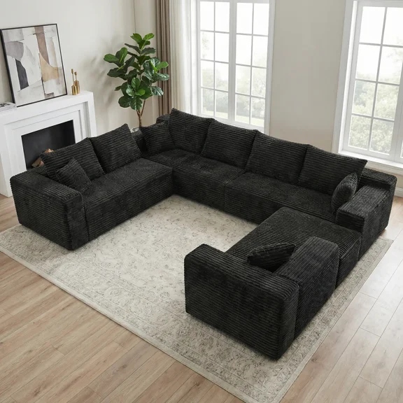 VERDECORE 139" U-Shaped Boneless Cloud Sectional Couch, Deep Seat No Assembly Upholstered Sofa, Black for Living Room