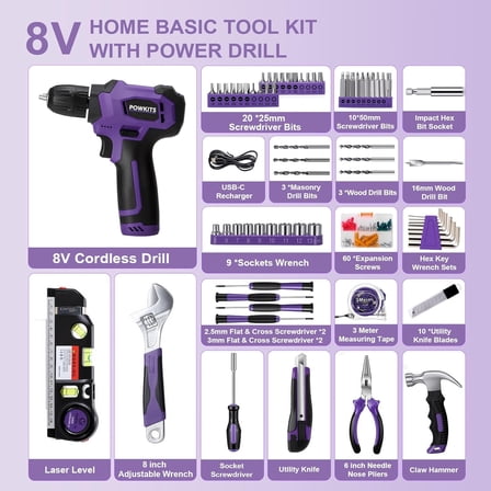 139 PCS Cordless Drill Set with Li-Ion Battery, 8V Power Drill with Type-C Charging, Portable Basic Home Tool Set for  Projects (-A)