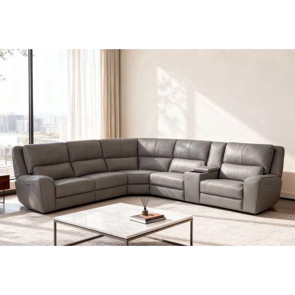 139" Top Grain Leather Reclining Sectional, 3 Power Recliners, Wireless Charge & Pop-Out Cup Holders
