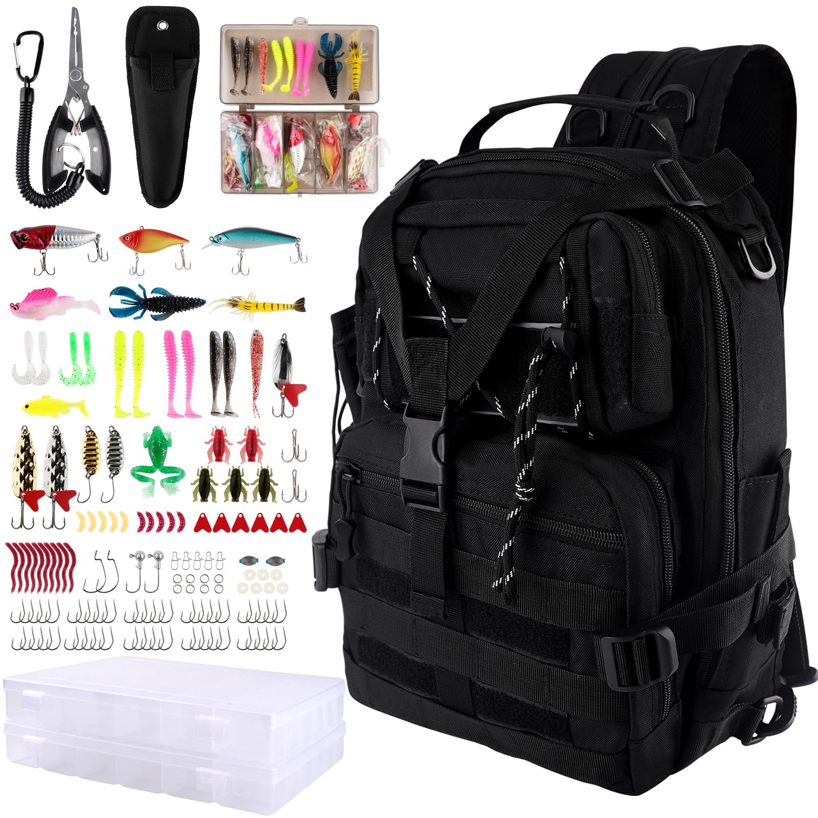 139pcs Tackle Box Backpack Fishing With Accessories Bag Tool Kit Fish Pliers Salt Water Set For Men Women Gifts (black)