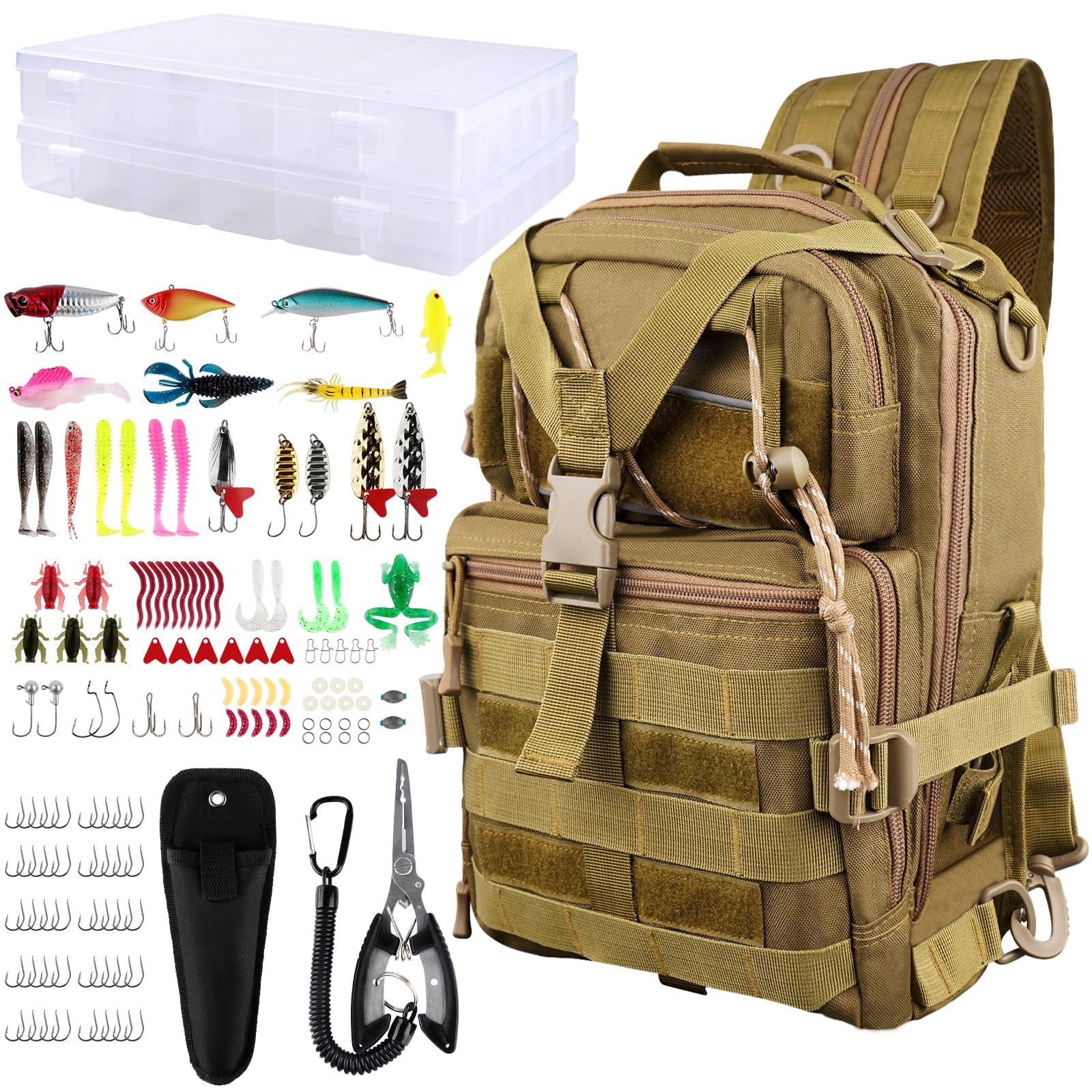 139pcs Tackle Box Backpack Fishing With Accessories Bag Tool Kit Fish Pliers Salt Water Set For Men Women Gifts (brown)