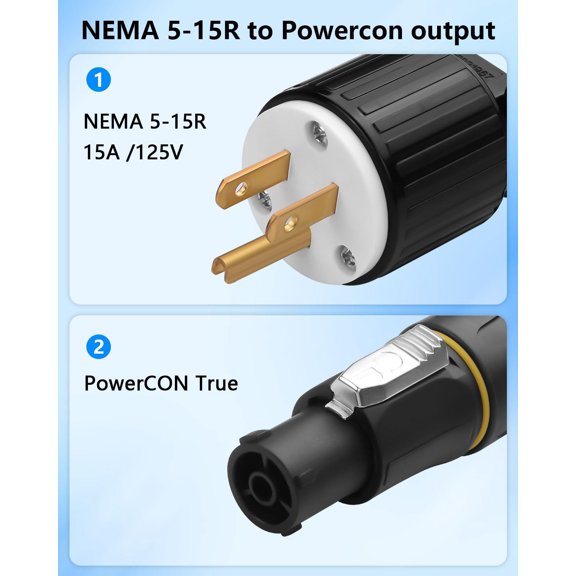 13AWG NEMA5-15P to PowerCON True AC Power Cable, 15A 125V Profeesional NEMA-15P Male to PowerCon True1 Male Extension Wire for Outdoor Stage Light - 2M / 6.6FT