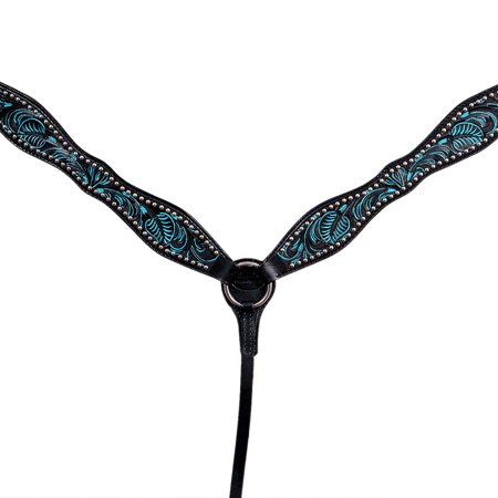 13BH Western Horse Breast Collar Tack American Leather Black Turquoise Hilason