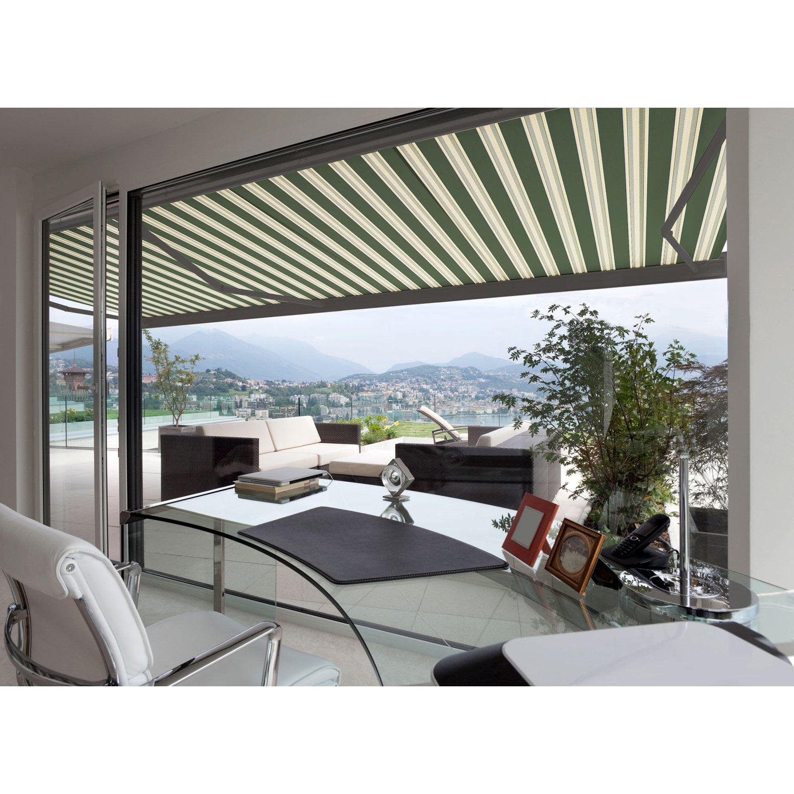 Forest Green and Beige Striped Manual Retractable Patio Awning
