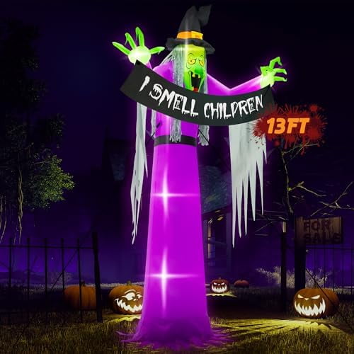 13FT Halloween Outdoor Inflatables, Scary Blow Up Witch Holding I Smell Children Banner, Pre-lit Witch Inflatables Decor, Giant Halloween Outdoor Decorations for Party Garden Lawn$$Garden & Patio
