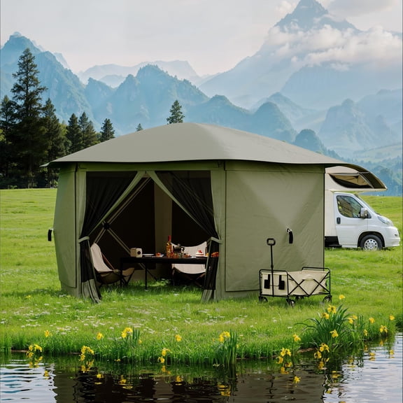 13FT Hexagonal Instant Canopy Tent with Removable Canopy Top. Mosquito Netting and 6 Wind Cloths. Easy One-Push Setup Outdoor Canopy Tent for Patio. Camping and Events. Army Green