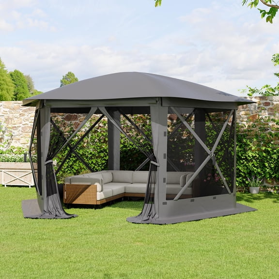 13FT Hexagonal Instant Canopy Tent with Removable Canopy Top. Mosquito Netting and 6 Wind Cloths. Easy One-Push Setup Outdoor Canopy Tent for Patio. Camping and Events. Gray
