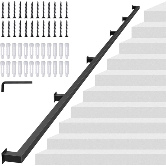13FT Square Tube Handrail for Indoor Stairs,Matte Black Industrial Metal Stair Rail,500LBS Load Capcity Wall Mount Stair Hand Rail for Child,Seniors,Pregnant,Non-Slip Outdoor Iron Stair Rail