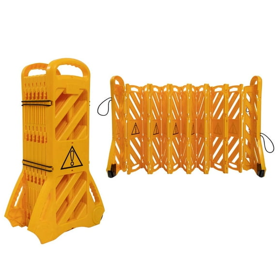 13Ft Extendable Mobile Safety Sign/Barrier with Locking Straps, Folding Traffic Barricade Fence, Plastic Barricade for Construction, Traffic Control, Driveway Gate