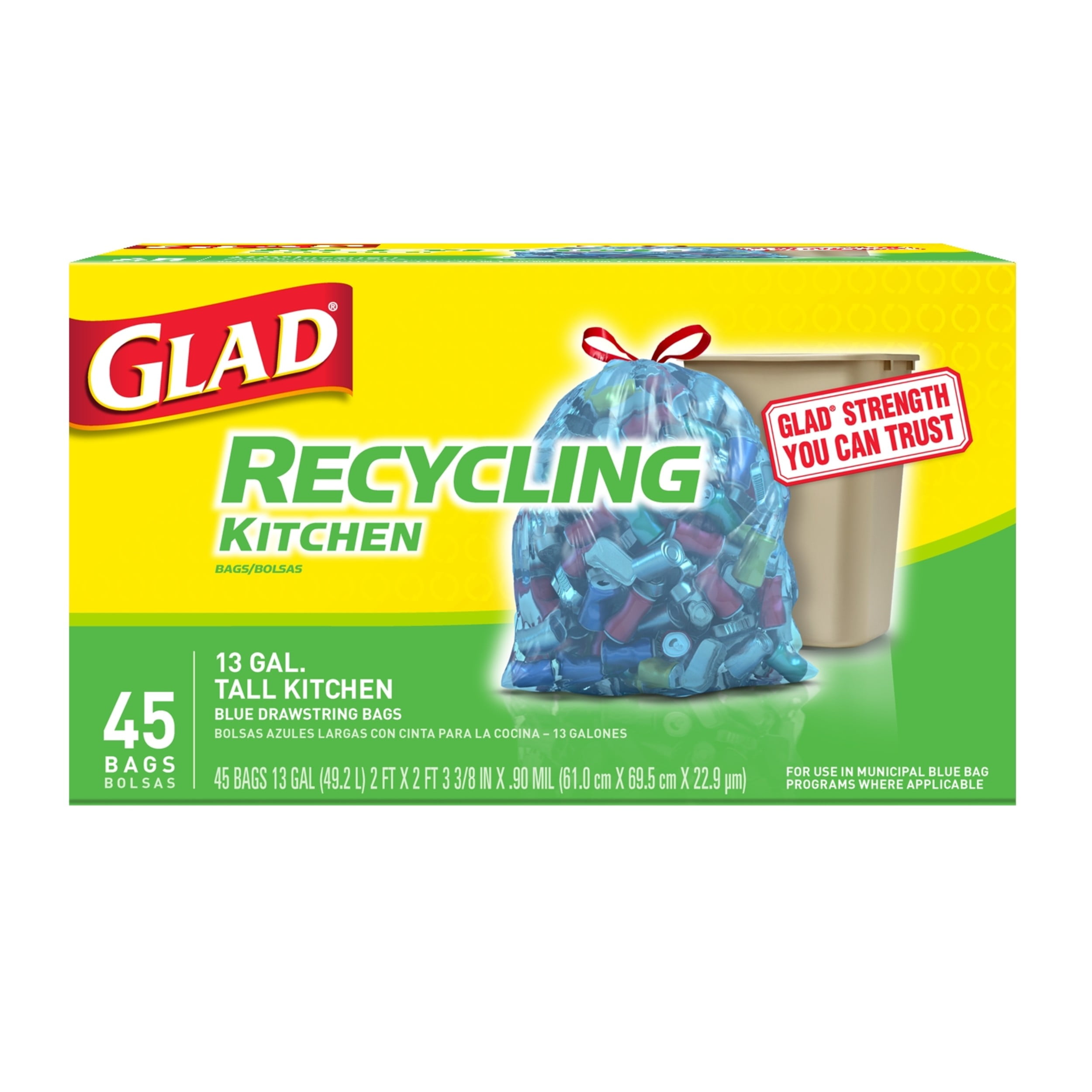 Glad Recycling Tall Drawstring Kitchen Blue Trash Bags 13 gal 45 ct