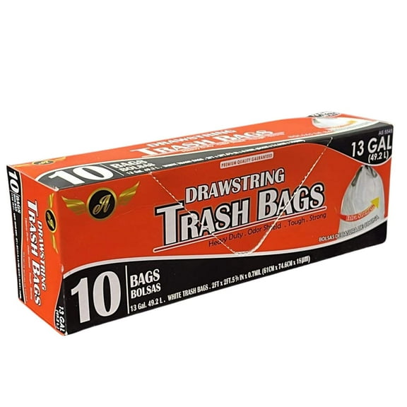13 Gallon White Drawstring Garbage bags: 10
