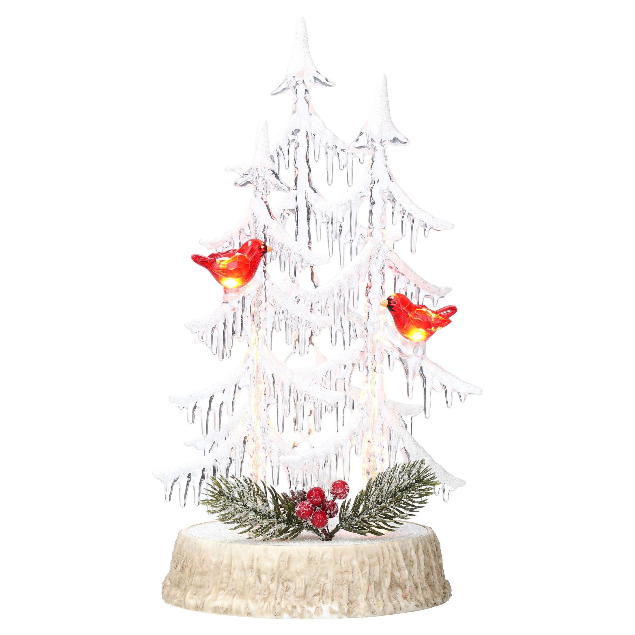 Light-Up Acrylic Icicle Tree with Cardinals Christmas Decoration, Clear and Red, 13", by Holiday Time