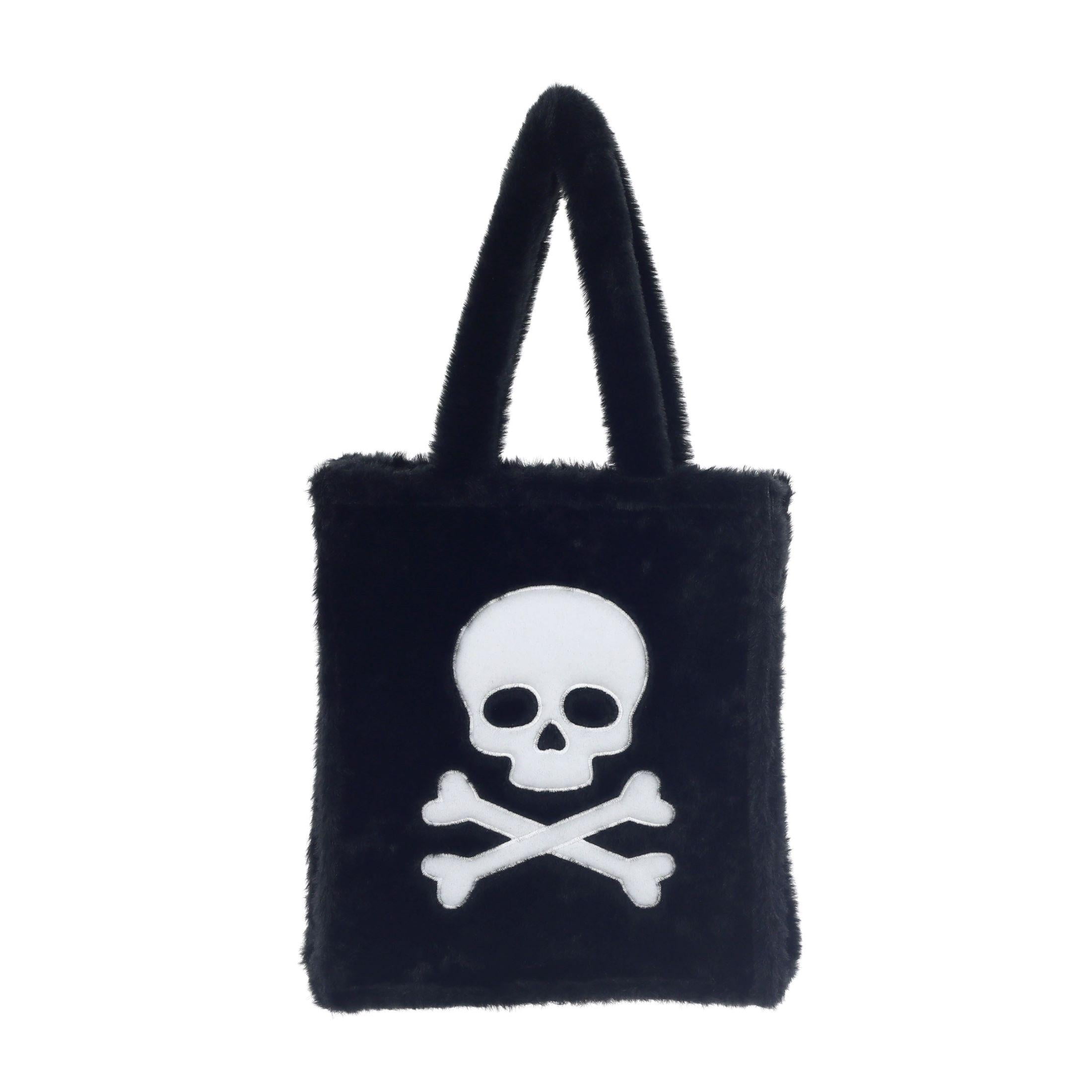 13IN Halloween Fuzzy Black & White Skull and Crossbones Plush Tote Bag for Adult and Kids, Way To Celebrate!