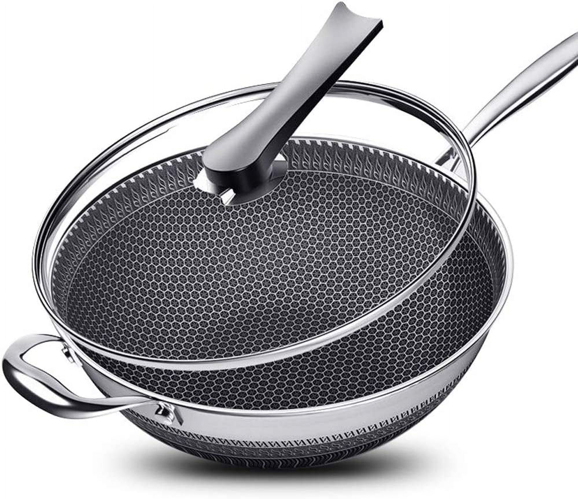13Inch Non Stick Stainless Steel Wok Pan with Lid and Handle, Double ...