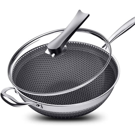 13Inch Non Stick Stainless Steel Wok Pan with Lid and Handle, Double Sided Screen Honeycomb Kitchen Flat Bottom Fry Pan, Works with Induction, Ceramic, Electric, and Gas Cooktops