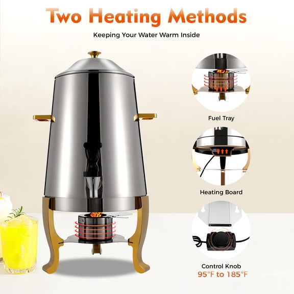 13L Hot Beverage Dispenser, Stainless Steel Coffee Chafer Urn Hot Drinks Dispenser with Spigot & Fuel Holder, Two Heating Methods, Beverage Dispenser for Parties Event Buffet Catering