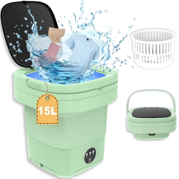 15L Portable Washing Machine with Spin Dryer, Mini Washing Machine and Dryer, Small Washing Machine Portable Cleaning Underwear, Baby Clothes, Collapsible Camping Washing Machine Dorm, Travel,(Green)