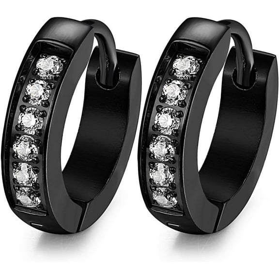 13MM Stainless Steel Small Hoop Earrings for Men Women CZ Inlaid,Black-Yomhary