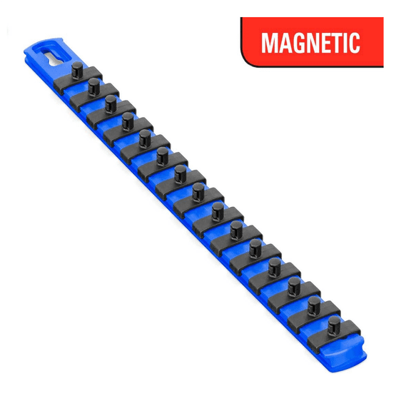 Ernst Mfg. 13 Inch Magnetic Socket Organizer with 15 Twist Lock Clips - 1/4 Inch - Blue