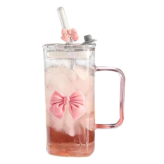 13Oz Coquette Pink Bow Square Glass Tumbler with Lid and Straw, Heat Resistant Glass Cup with Handle, Reusable Transparent Glass for Iced Coffee Milk Juice Tea Party Gifting