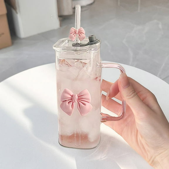 13 oz Glass Cup With Bamboo Lid & Straw - 3D Pink Bow Tumbler For Iced Coffee Smoothies & Cute Gift For Women Girls