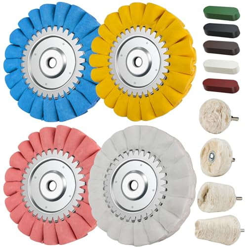 13PCS 8" S-Shape Airway Buffing Wheel Kit,16-Layer Aluminum Metal Polishing Wheel, 5/8" , 5 Compounds & 4 Detail Wheels for Semi Truck Wheels, Fuel Tanks, Bumpers, Steps & Diamond Plates$$Tools