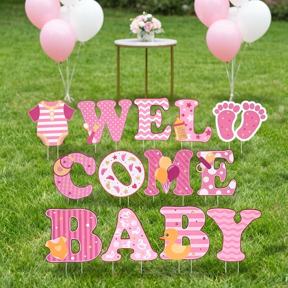13PCS Baby Shower Yard Signs Set, Welcome Baby Lawn Decorations with Stakes, Waterproof Gender Reveal Outdoor Yard Signs Party Decor, Pink for Girls Theme
