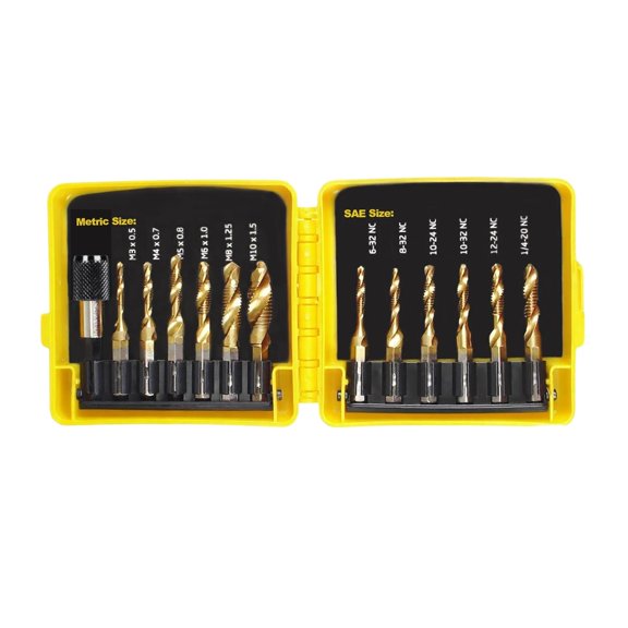 13PCS Combination Drill Tap Bit Set Metric and SAE, Titanium Coated Screw Tapping Bit Tool for Drilling, with Quick-Change Adapter