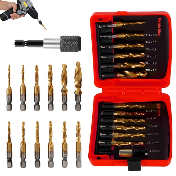 13PCS Drill Bit Combination Drill Tap Bit Set 13 Pcs SAE and Metric Titanium Coated HSS Tapping Bit Tool with Hex Shank Adapter for Drilling Tapping