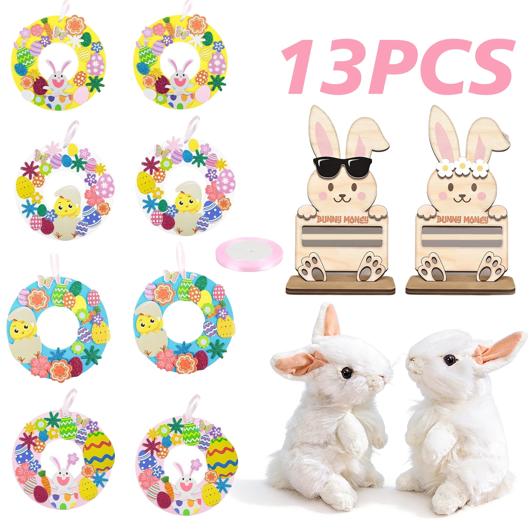 13PCS Easter Bunny Plush Decoration Set,  Easter Decorations with 2 Bunny Plush Toys (7.48in), Easter Money Holder Stand, DIY Easter Craft Ornaments, Easter Basket Stuffers Spring Holiday Decor
