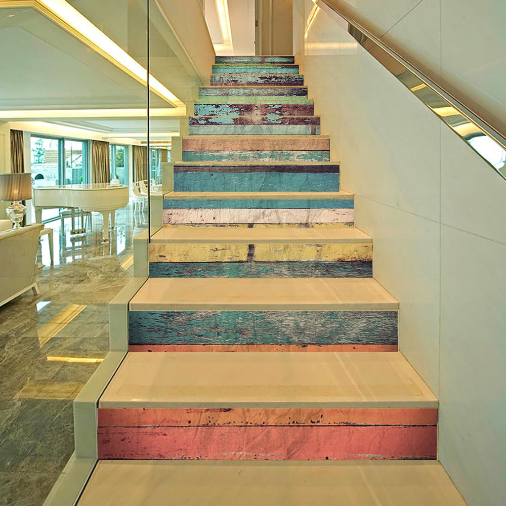 13PCS Farmhouse Self-Adhesive Stair Riser Stickers, Peel and Stick Contact Paper Staircase Decal, 39.37"x7.09", Color Wood