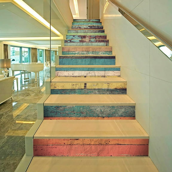 13PCS Farmhouse Self-Adhesive Stair Riser Stickers, Peel and Stick Contact Paper Staircase Decal, 39.37"x7.09", Color Wood