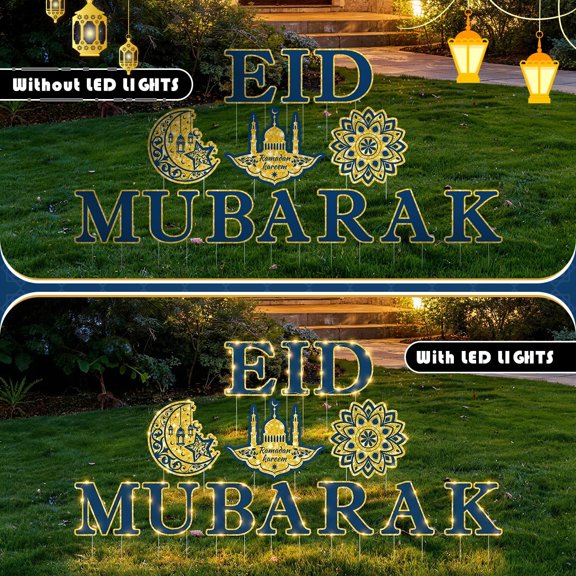 13PCS Ramadan Decorations Yard Sign, Light up Outdoor Signs 10 Letters Eid Mubarak 3 Patterns Moon Star Palace Ramadan Kareem Sign with Stakes for Muslim Islamic Party Lawn Garden Eid Decor