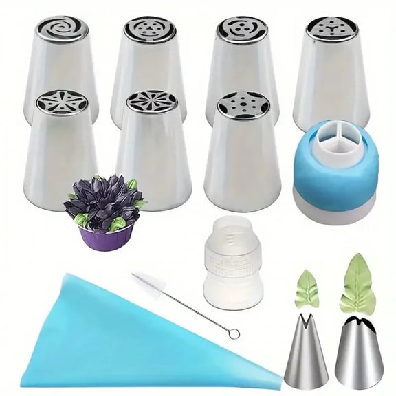 13PCS Russian Piping Tips Set Cake Decorating Kit- 7 Flower Nozzles,EVA Bag & Tools - for DIY Cake Puff Decoration Baking Tools