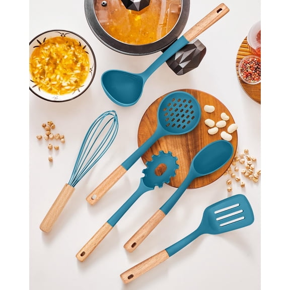 13PCS Silicone Kitchen Utensils Set with Wooden Handles, Heat Resistant Nonstick Cooking Tools for Pots and Pans, Blue