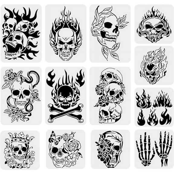 13PCS Skull Pattern Drawing Stencils Skull Flame Scary Skeleton Template